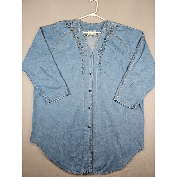 Tops - Vintage MONIQUE Fashions Denim Shirt Sz 2X Blue Raglan Sleeve Stars Embellished